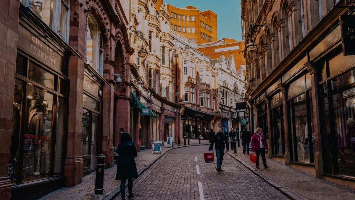 Birmingham city-centre street lined with historic shopfronts